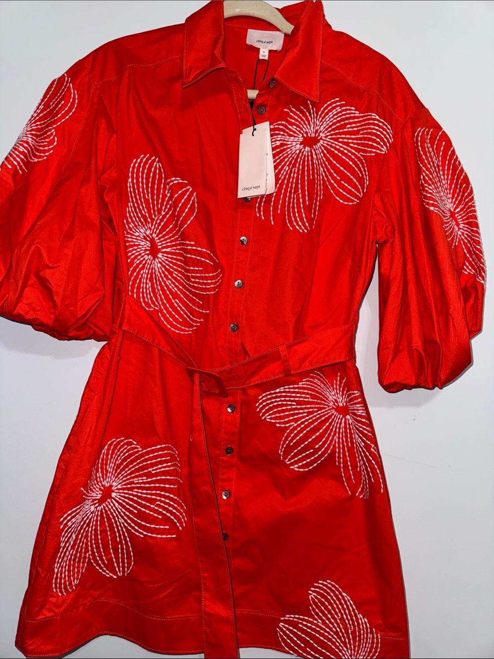 Cinque a Sept Red Floral Button-Front Shirt Dress with Belt